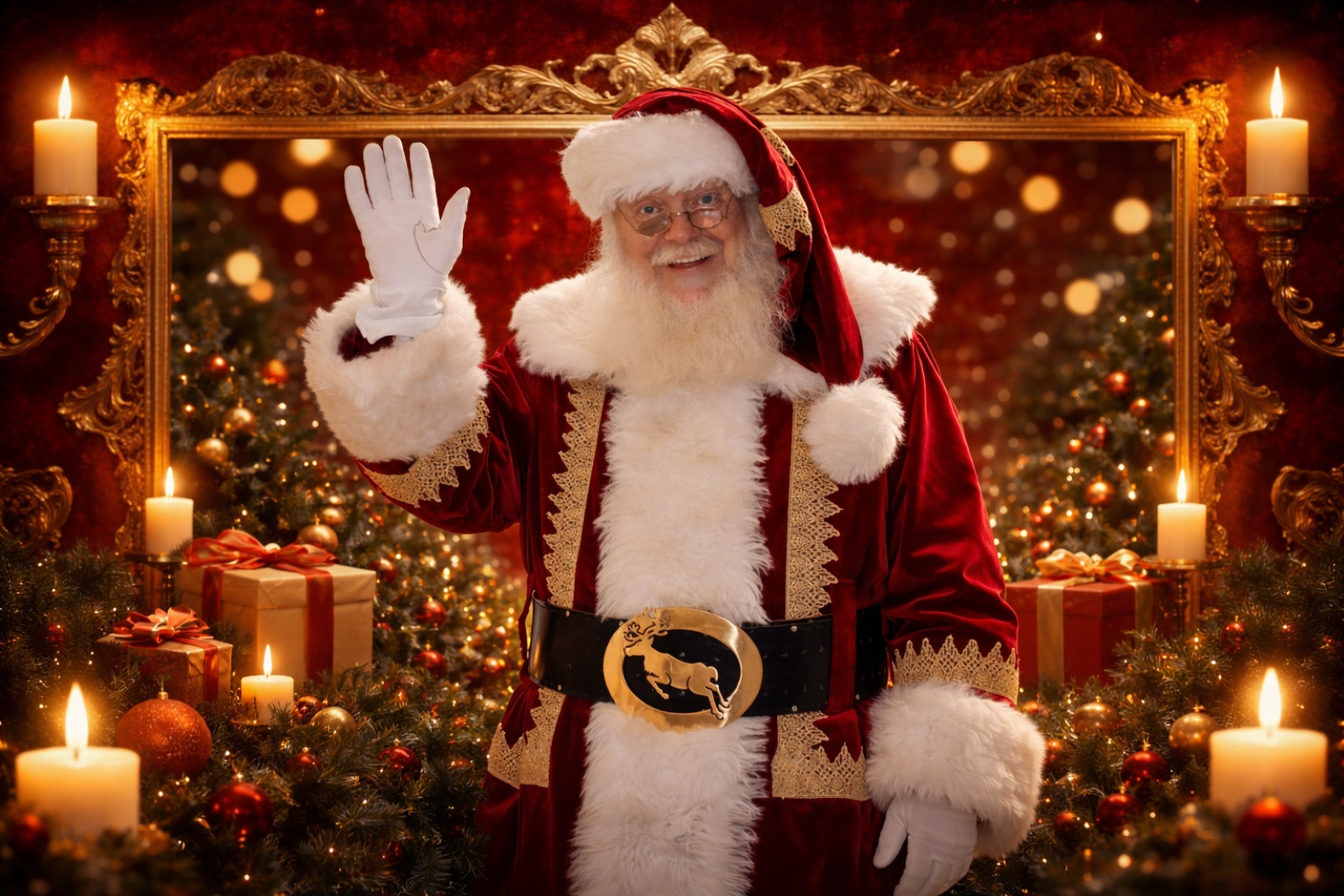 Professional Ballarat Santa waving in a red velvet suit